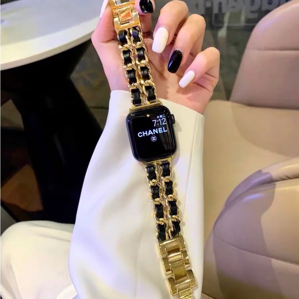 NEW Strap Gold Black Chain Leather Stainless Band For Apple Watch
